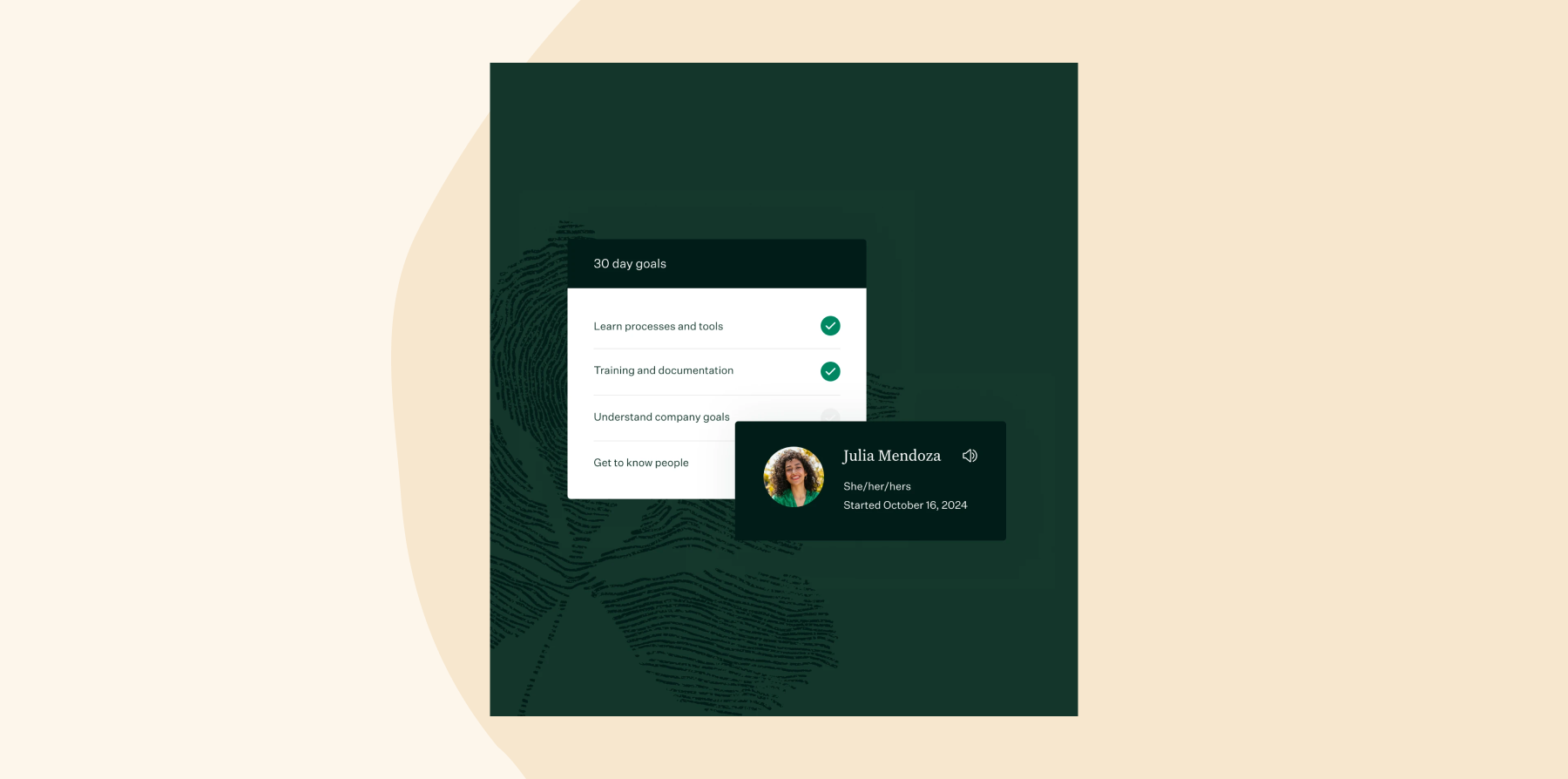 New hire onboarding screen showing 30-day goals checklist with completed tasks and a profile card for Julia Mendoza, who started on October 16, 2024.