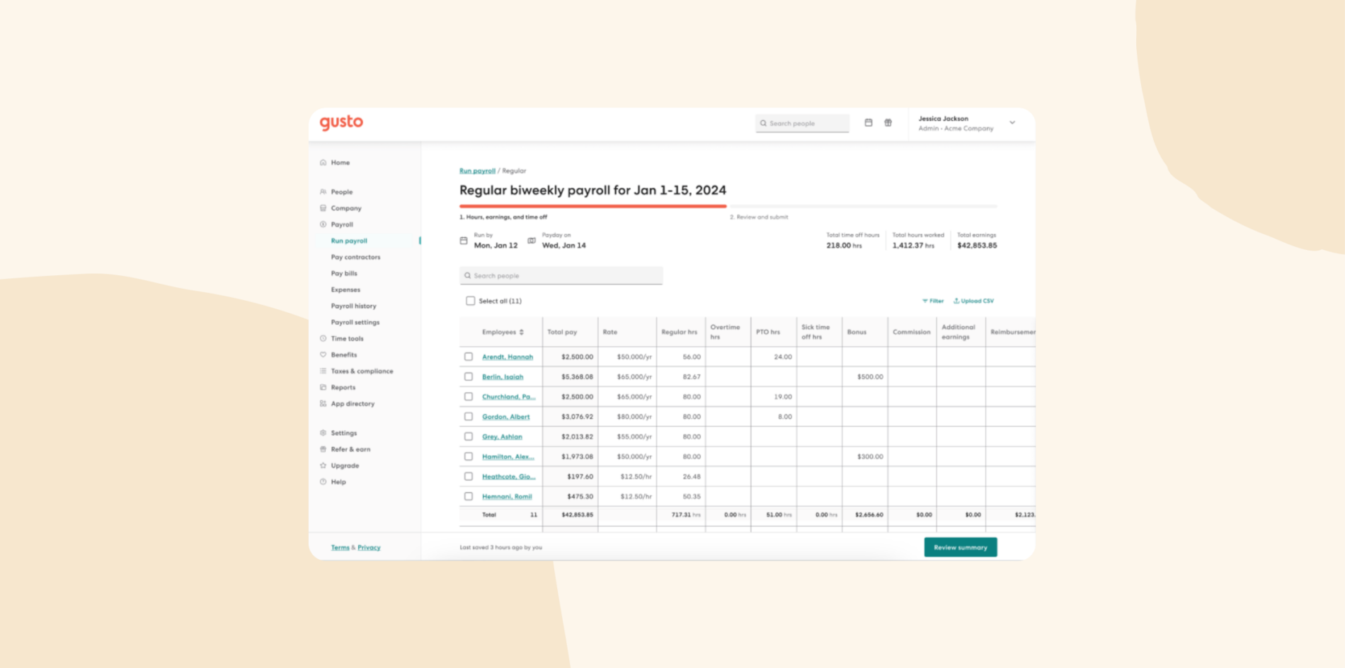 Gusto payroll dashboard displaying a regular biweekly payroll summary for January 1–15, 2024, including employee names, hours, pay rates, and deductions.