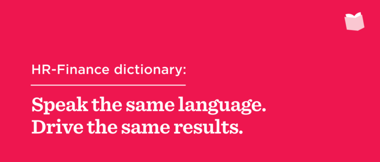 HR-Finance dictionary promoting collaboration with phrases "Speak the same language" and "Drive the same results.", Colorful background with book icon.