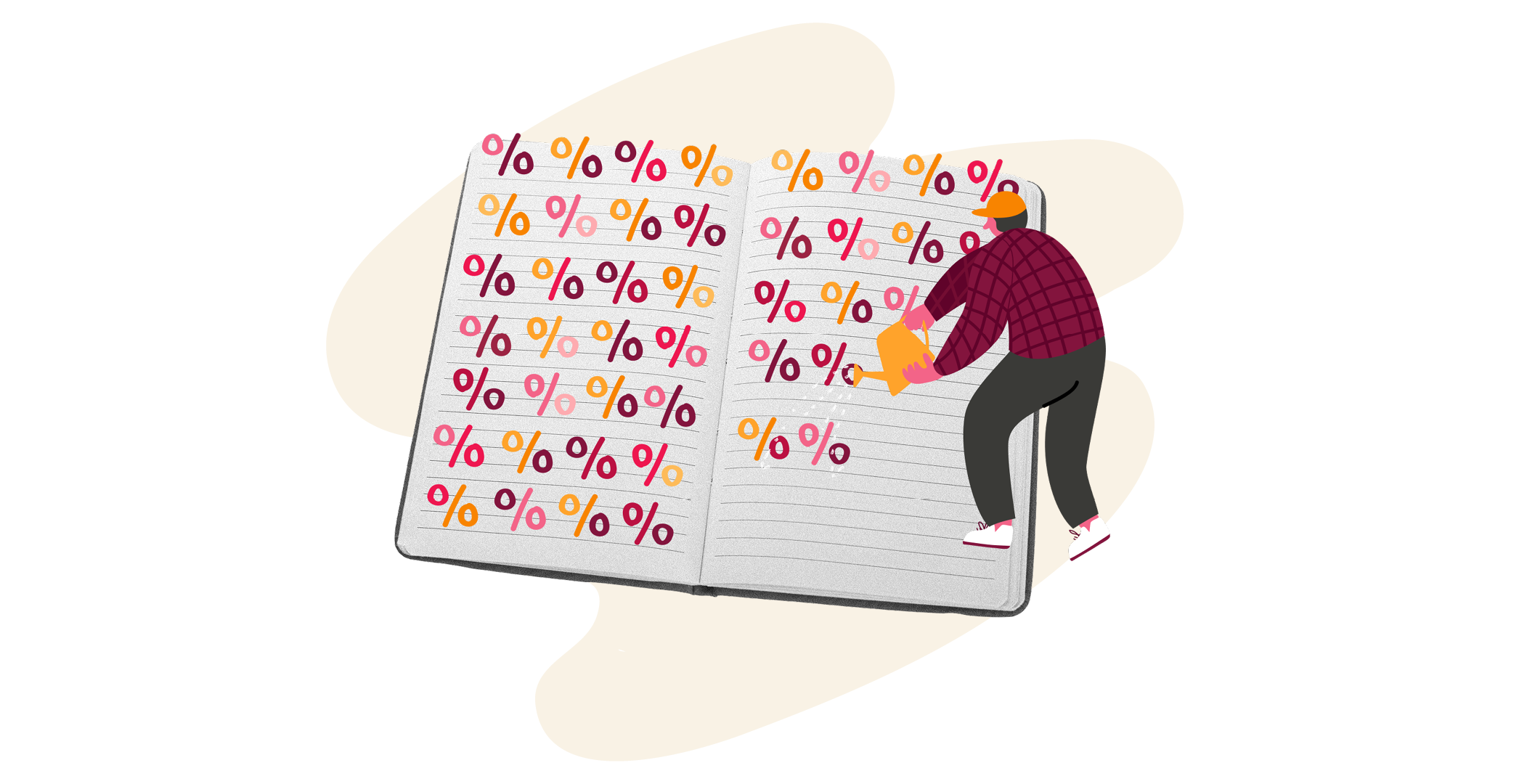 open notebook with colorful percentage symbols and a character watering them, symbolizing growth and success, illustration of financial education and management