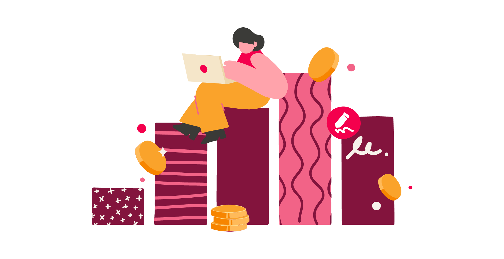 person working on laptop, colorful blocks and coins representing growth and finance