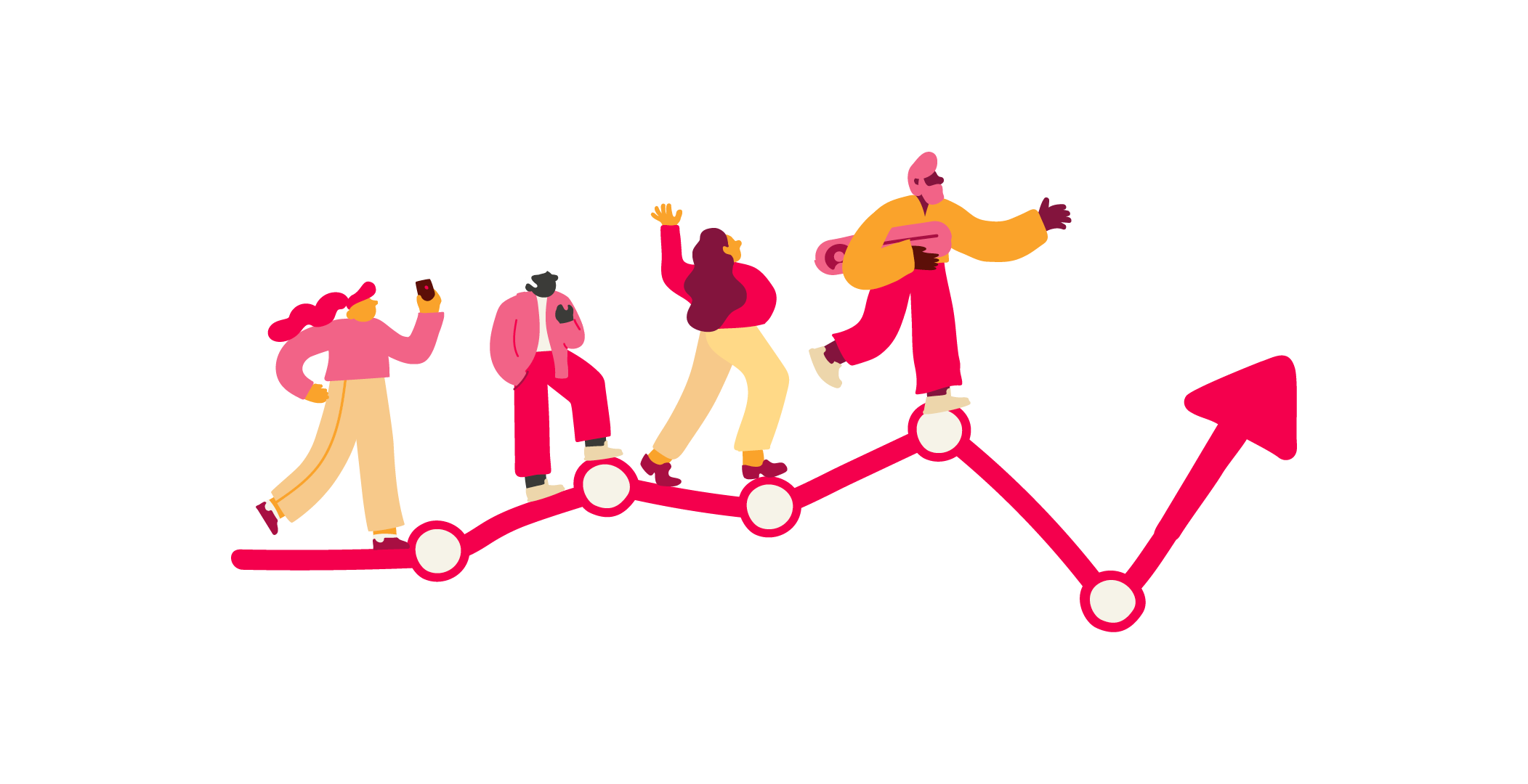 people walking on a graph line up arrow trend colorful illustration, diverse characters showcasing progress and growth concept