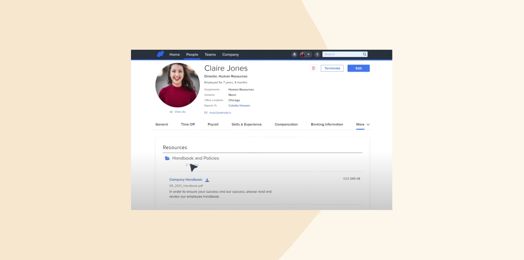 Screenshot of an HR platform profile for Claire Jones, Director of HR, showing tabs like Payroll and Compensation, and a resources section with a downloadable company handbook.
