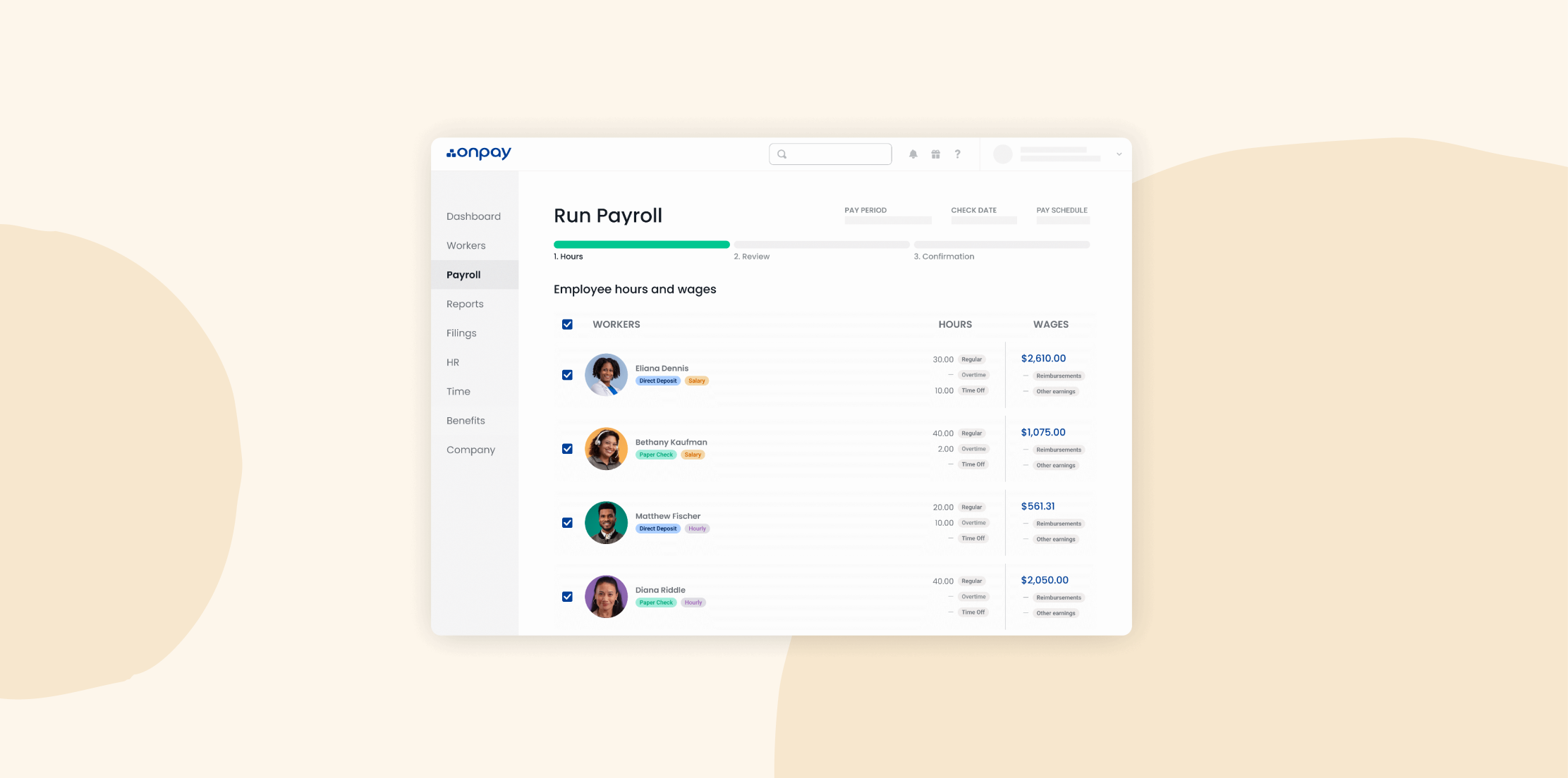 payroll dashboard showing employee hours and wages with options for direct deposit and paper check, OnPay payroll system interface