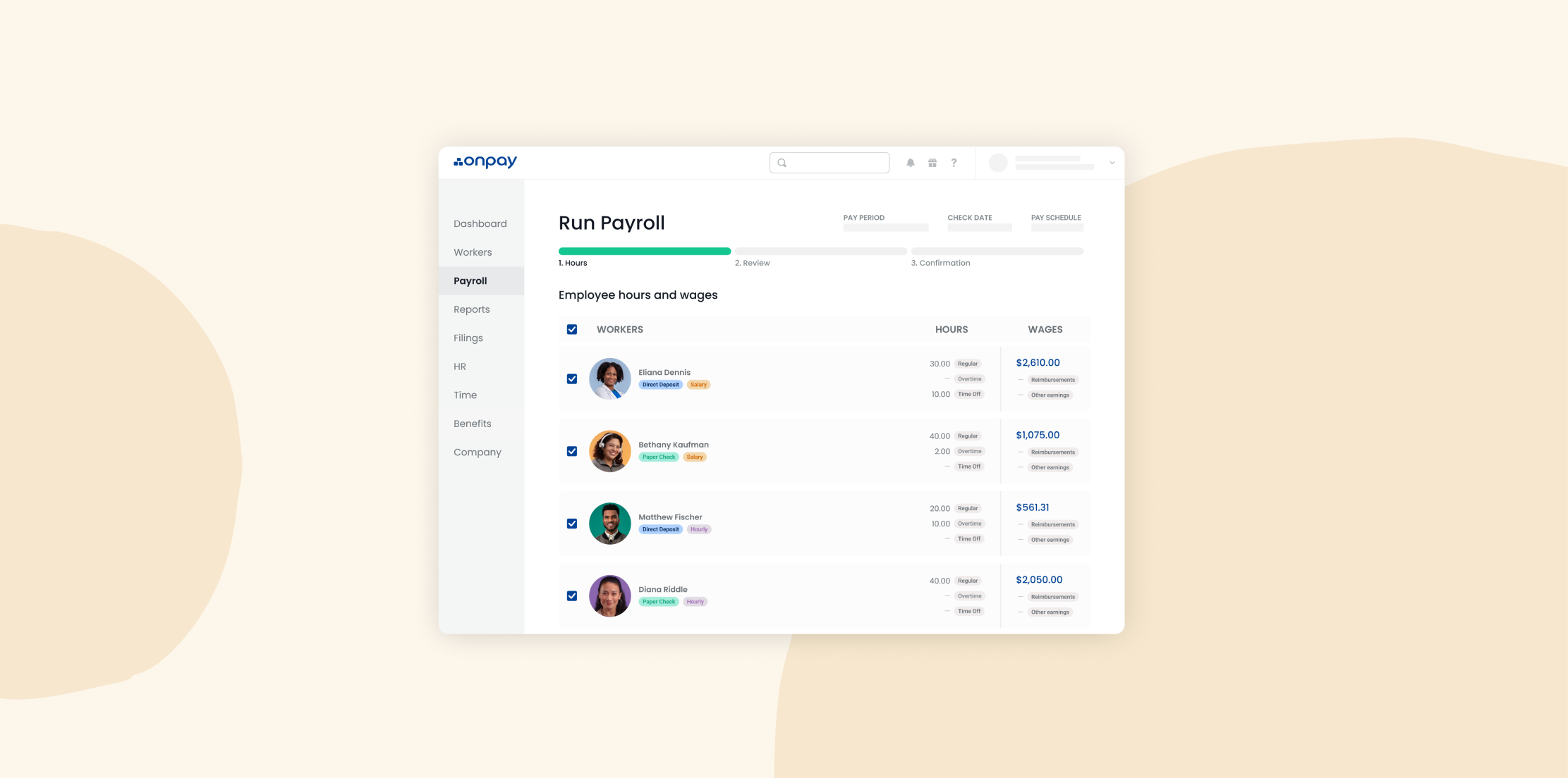 run payroll interface, employee hours wages overview