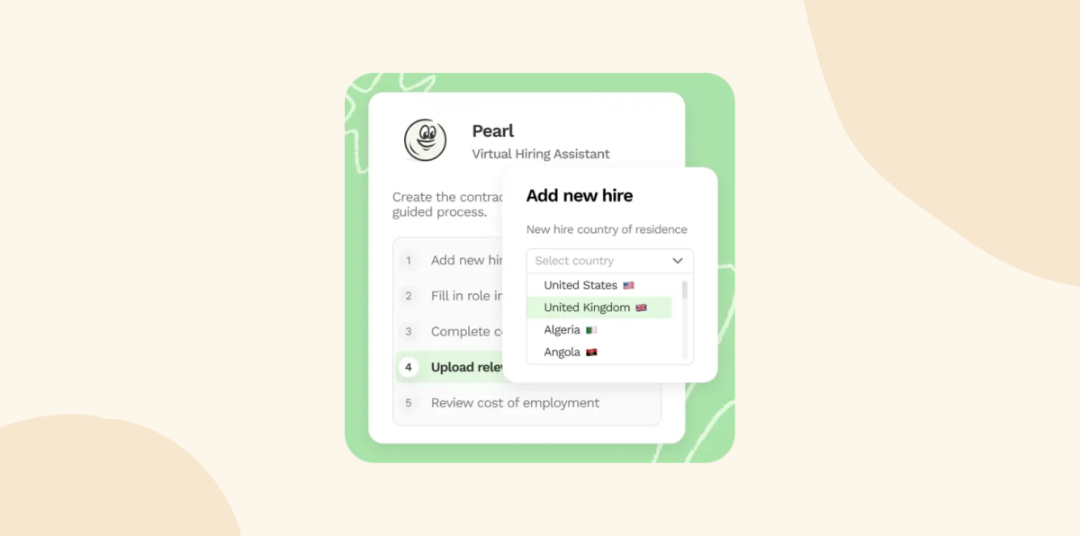 **ALT text:**
Virtual hiring assistant interface with a step-by-step process for adding a new hire, featuring a dropdown menu to select the hire’s country of residence.