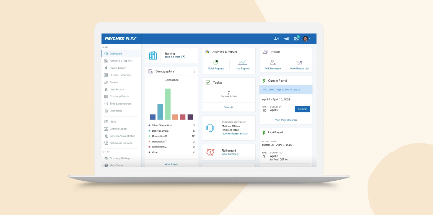 paychex flex dashboard with human resources metrics and payroll tasks on laptop screen, HR analytics and reporting interface