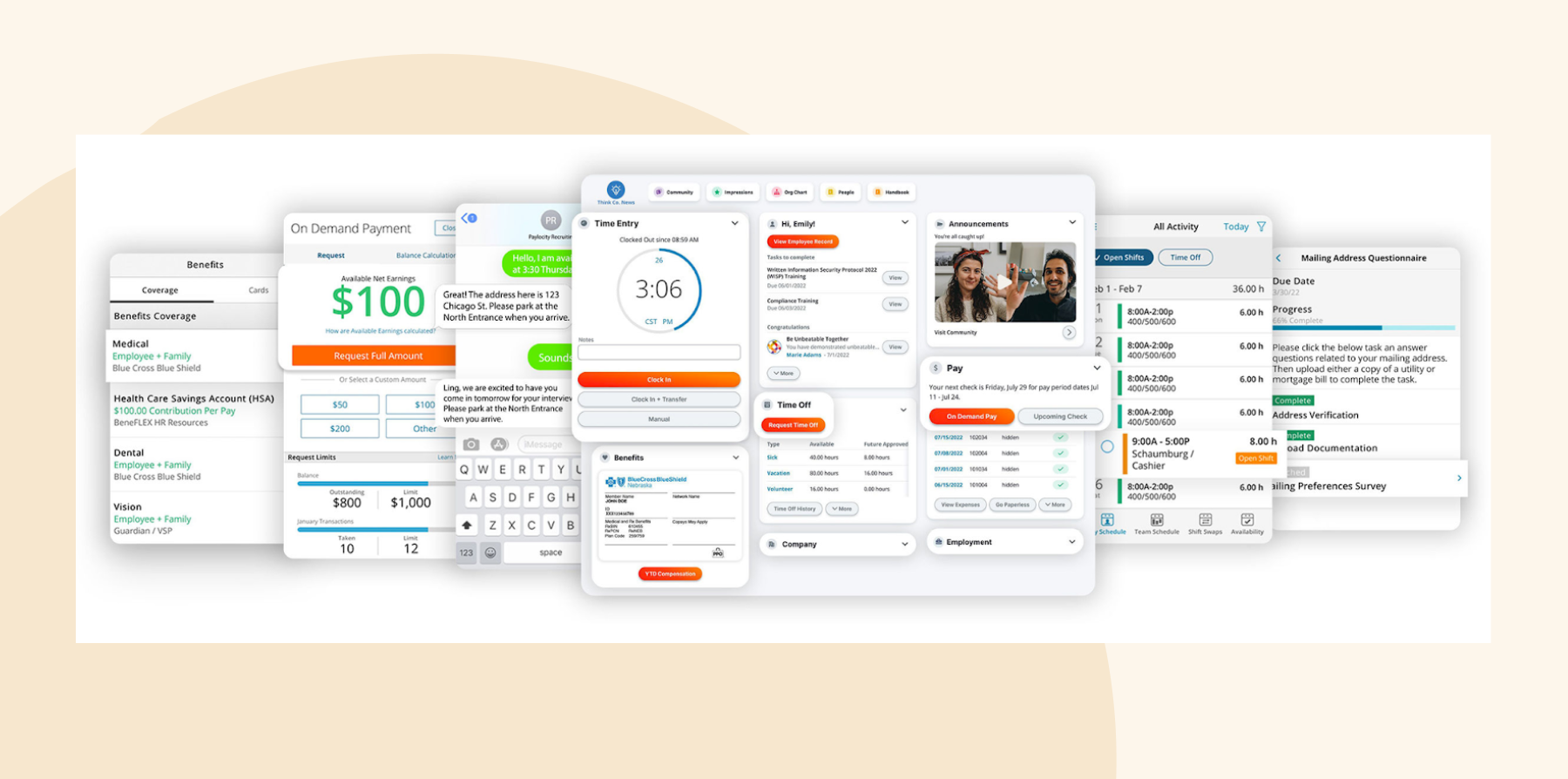 on-demand payment interface, employee benefits overview, time tracking features, activity logs, and user messaging, HR management dashboard, benefits details, and scheduling options
