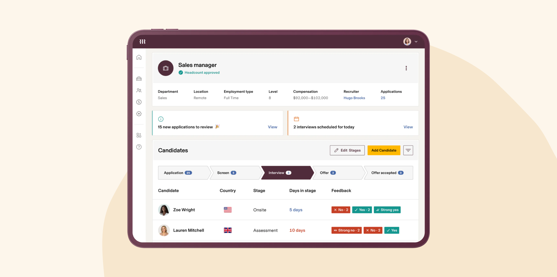 job application dashboard, candidate progress tracking