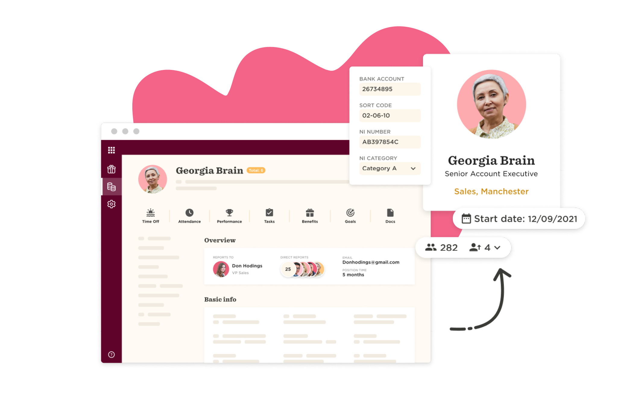 Georgia Brain profile interface displaying role, attendance, and important details for an account executive in sales., Profile interface, details, account executive, sales, Georgia Brain