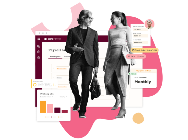 business professionals, payroll interface, analytics elements