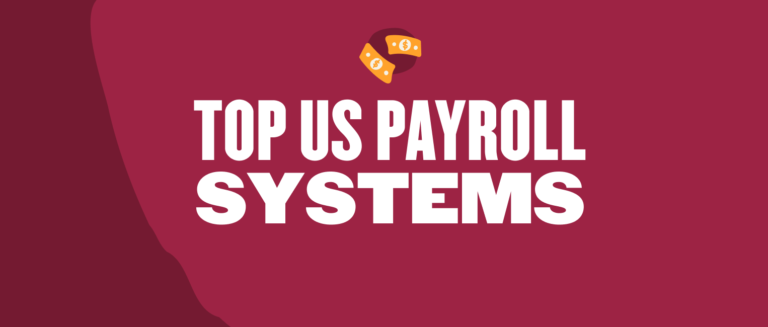 Top US Payroll Systems graphic featuring bold text and money icons on a maroon background, Payroll services, financial solutions, USA