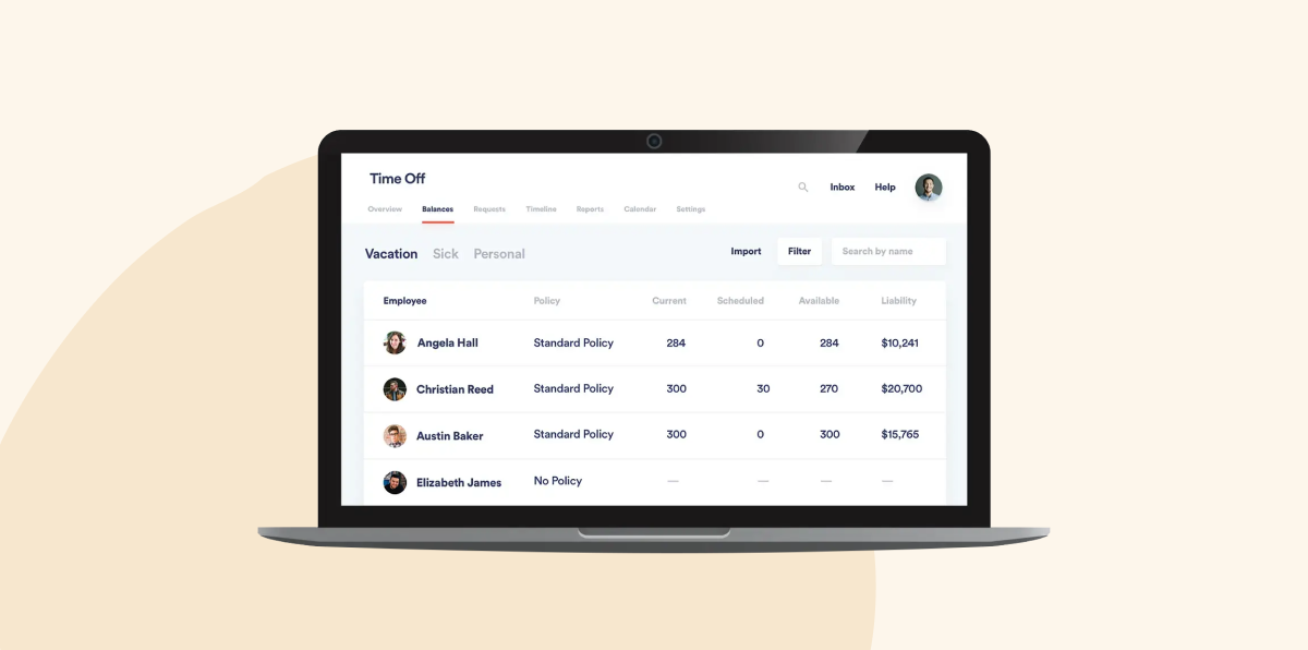 **ALT text:**
Time off management screen showing employee vacation balances, policies, and associated financial liability across multiple team members.