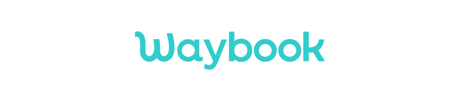 Waybook logo in turquoise color on a black background, showcasing modern typography for branding and identity. , Waybook, logo design