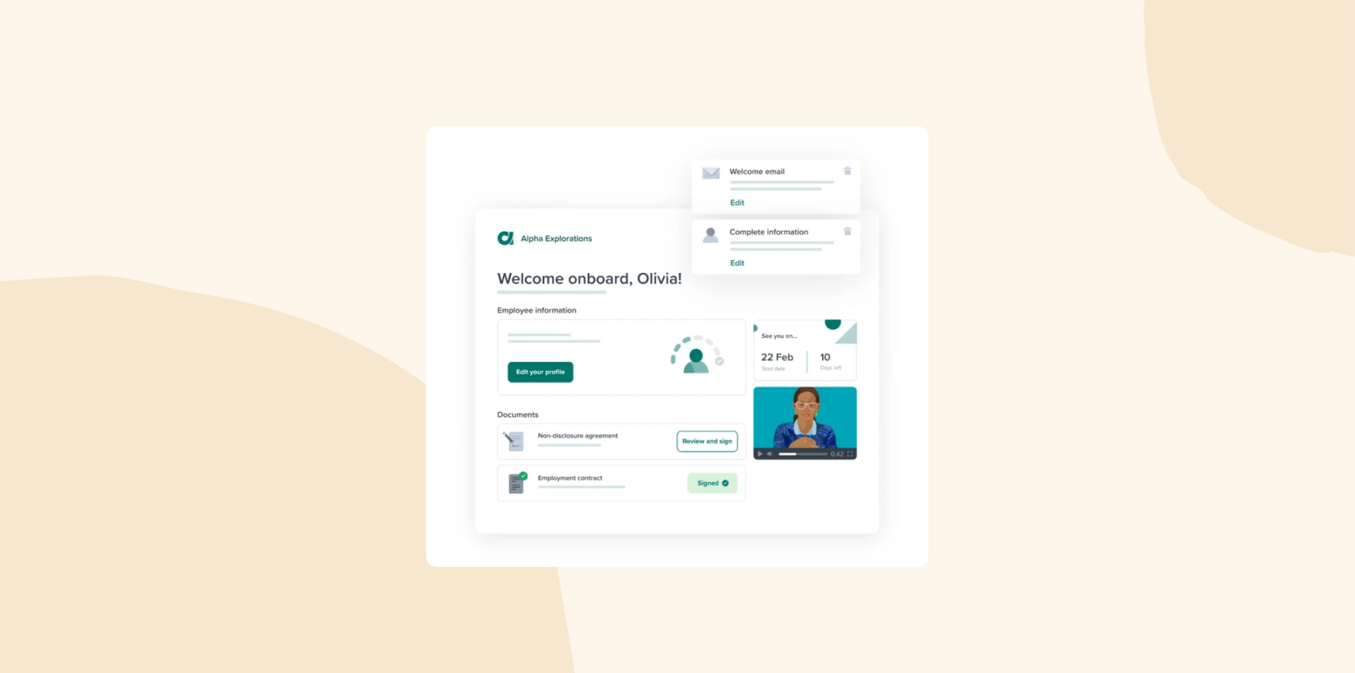 **ALT text:**
Employee onboarding dashboard welcoming a new hire named Olivia, displaying profile setup, start date, documents to review, and profile completion status.