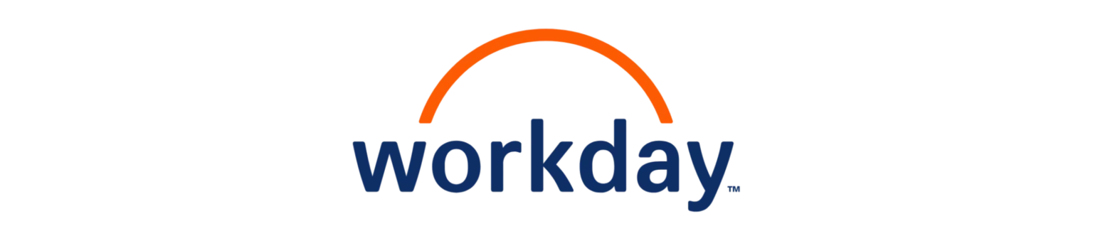 workday logo with orange arch over dark blue text, branding for cloud-based enterprise management software solutions