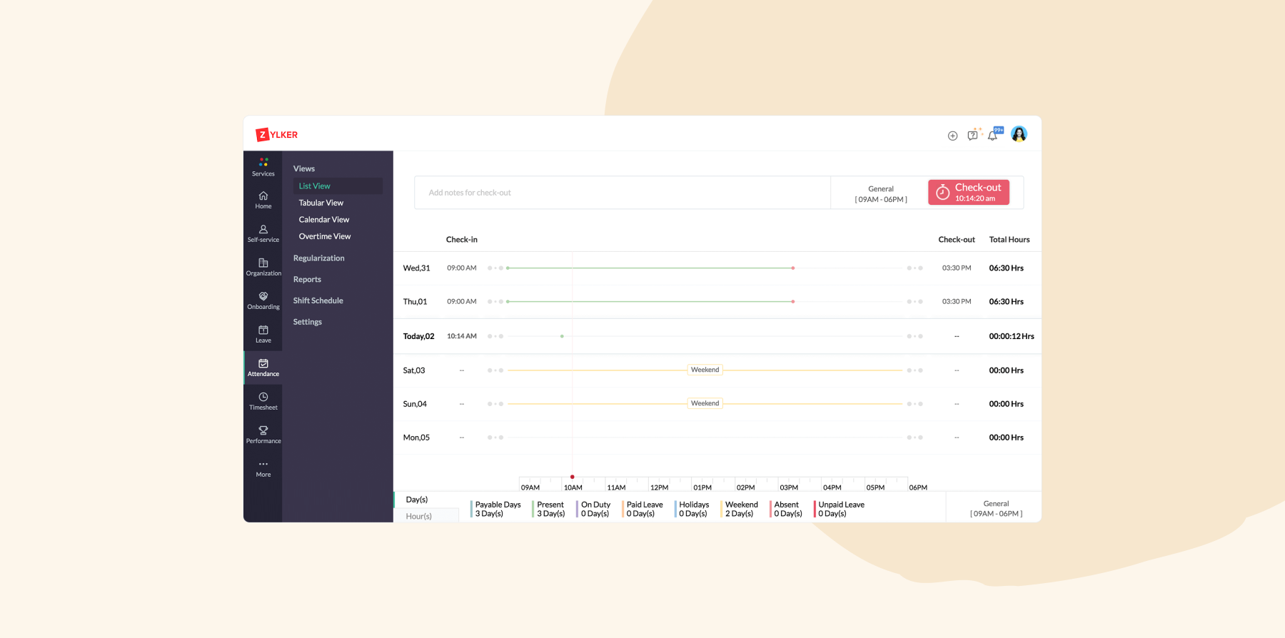Time tracking dashboard showing check-in and check-out times across multiple days, total hours worked, and weekend labels, with a check-out button in the corner.