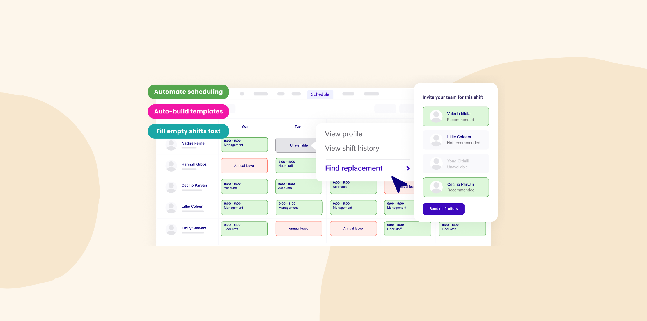 automated scheduling interface, shift management tool featuring team member availability and replacement options