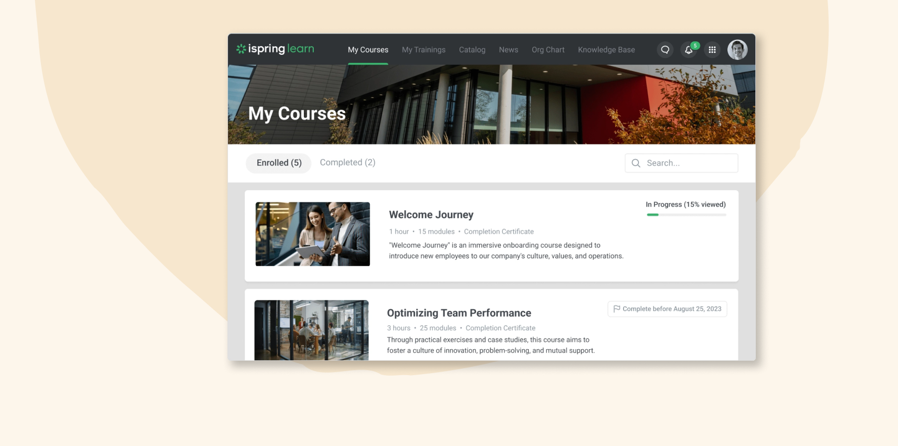 iSpring Learn My Courses dashboard showing enrolled onboarding and team performance training modules