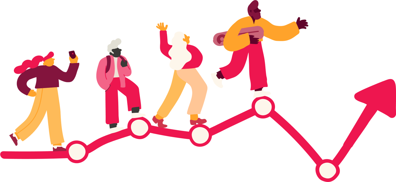 people walking up a chart representing growth, colorful design, diverse individuals, upward trend, diverse individuals in creative ascent, growth illustration