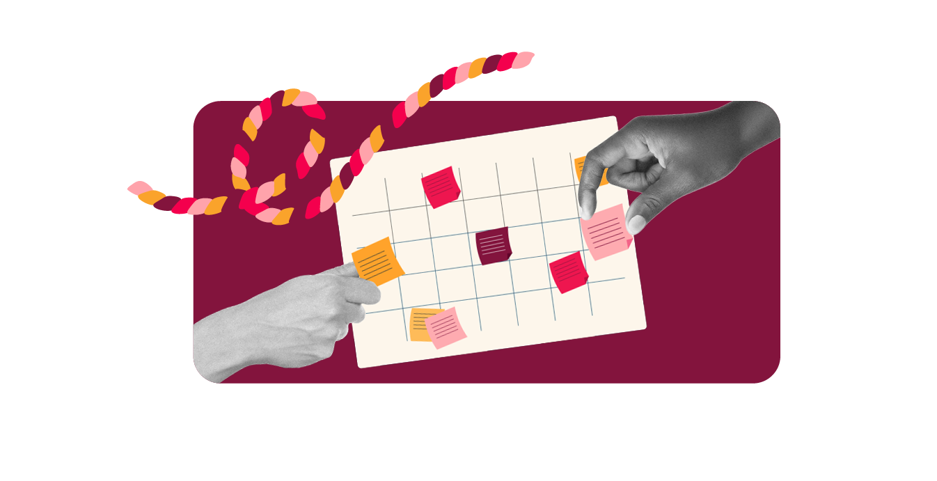 hands collaborating on a colorful grid with sticky notes, creative brainstorming session with vibrant elements and tools