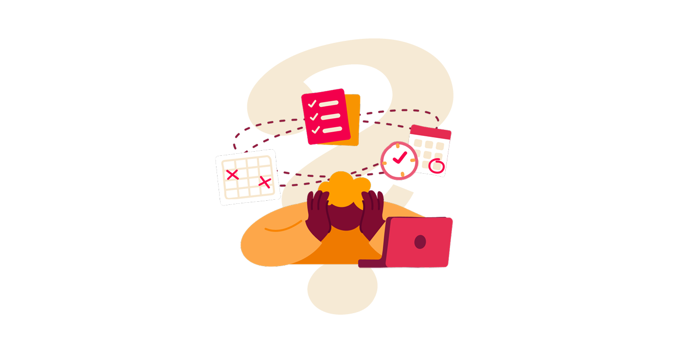 overwhelmed person with laptop, task lists, and calendars symbolizing stress and time management challenges, illustration of productivity and organization issues