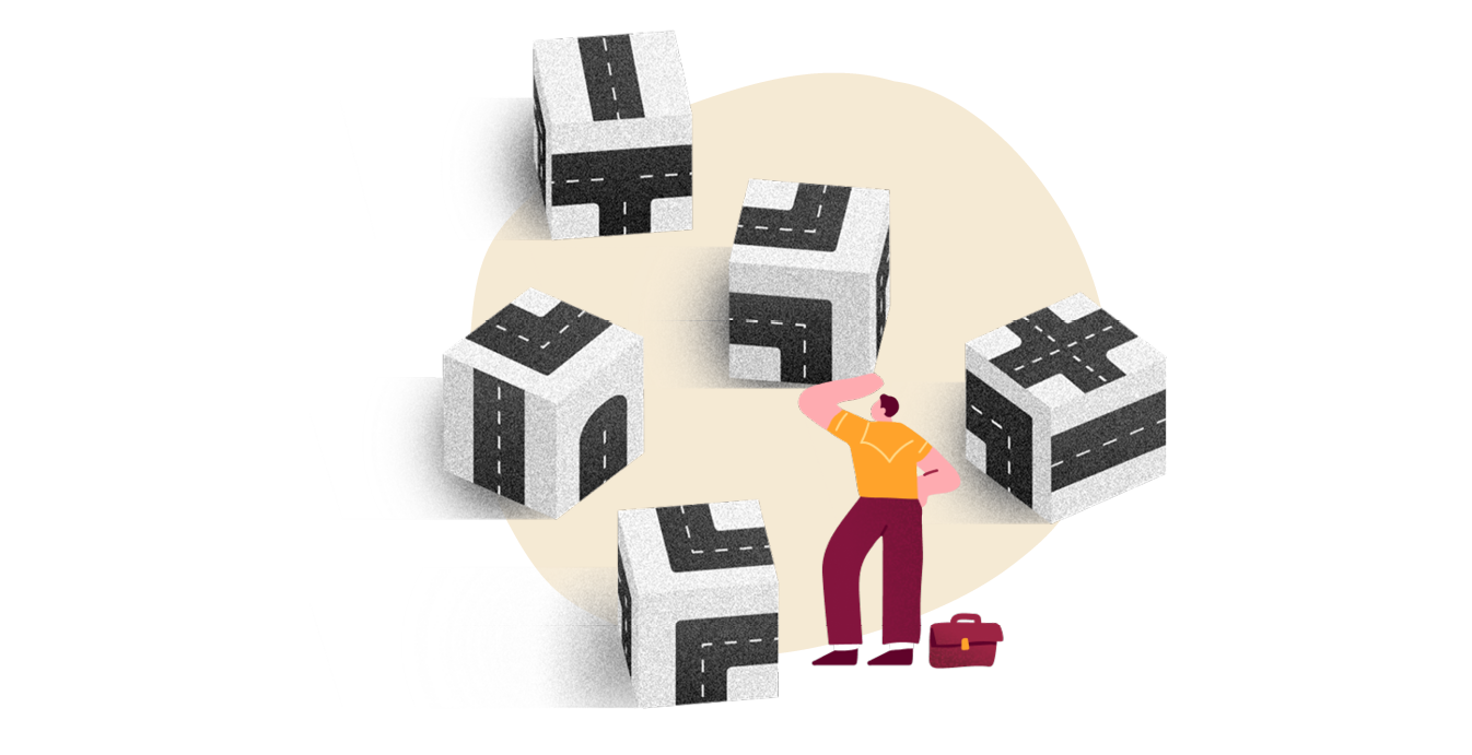 man pondering over roadblocks and intersections on 3D cubes with a briefcase, symbolizing decision-making challenges, road design concept