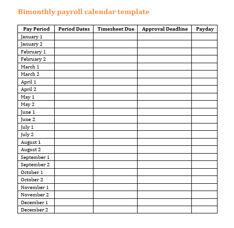 Bimonthly payroll calendar template with organized pay period dates for efficient payroll management. Suitable for HR use., bimonthly payroll, calendar template