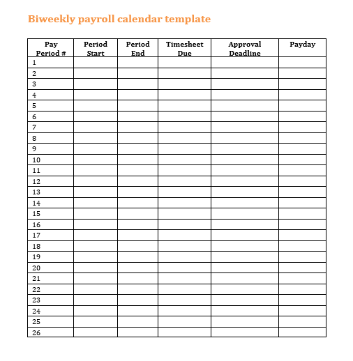 Biweekly payroll calendar template with sections for dates, timesheets, approval, and payday. Organized table format. payroll calendar, biweekly template