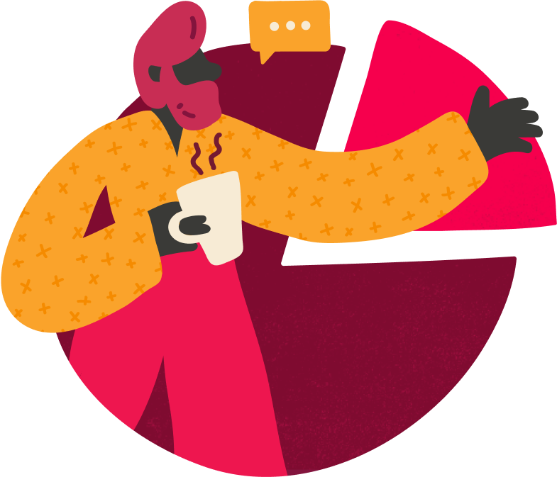 illustration of a person in an orange shirt holding a mug with steam, gesturing towards a pie chart and a speech bubble, character holding a coffee mug with pie chart background and speech bubble, colorful design