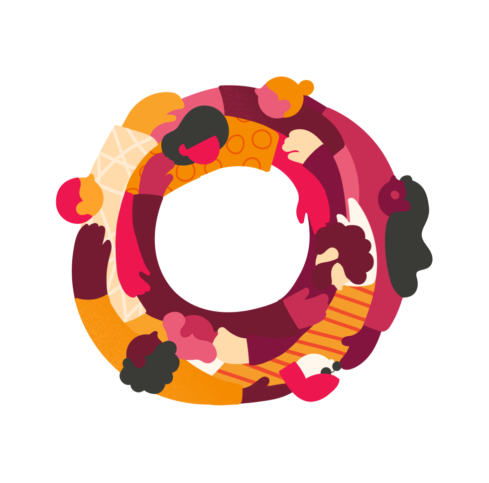 people embracing, colorful illustration of a circular group collaboration