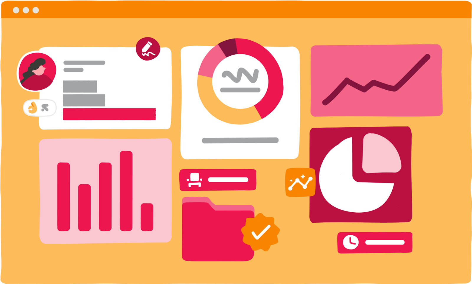 Illustrated dashboard with profile card and several analytics widgets, including bar, line, donut, and pie charts in pink and orange.