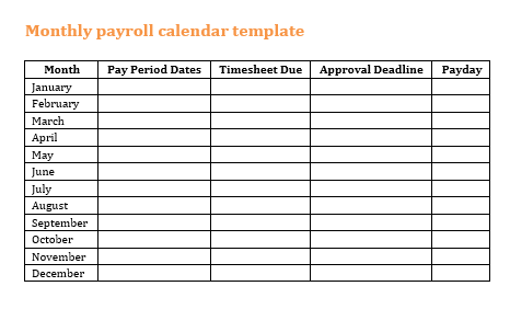 Screenshot of a monthly payroll calendar template