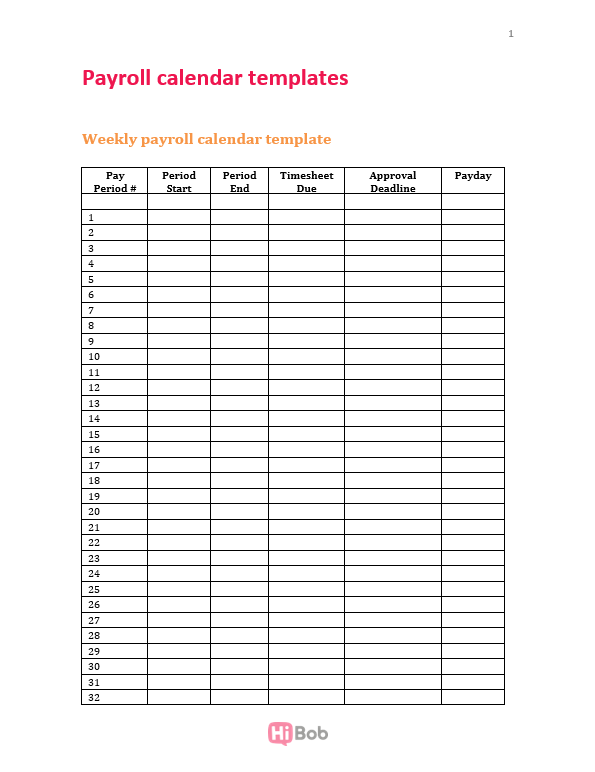 Screenshot of a payroll calendar template