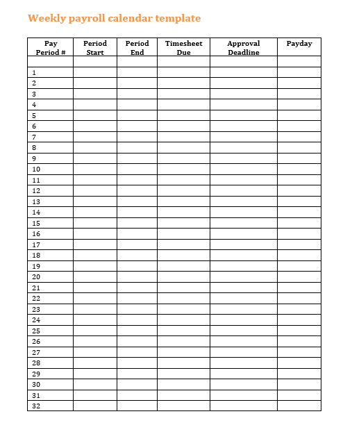 Payroll calendar template displaying pay periods, dates, and deadlines for timesheets and approval, hosted by HiBob. payroll, calendar, template