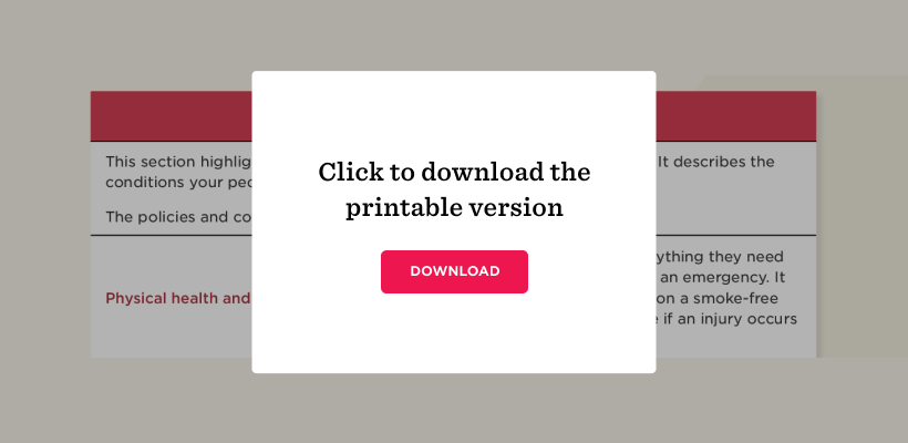 Popup with the message "Click to download the printable version" and a red "Download" button, overlaying a blurred checklist with completed tasks.