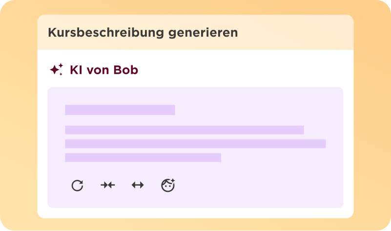 Kursbeschreibung generieren für "KI von Bob"; grafische Benutzeroberfläche mit Schaltflächen und Textfeldern., grafische Benutzeroberfläche, Kursbeschreibung KI