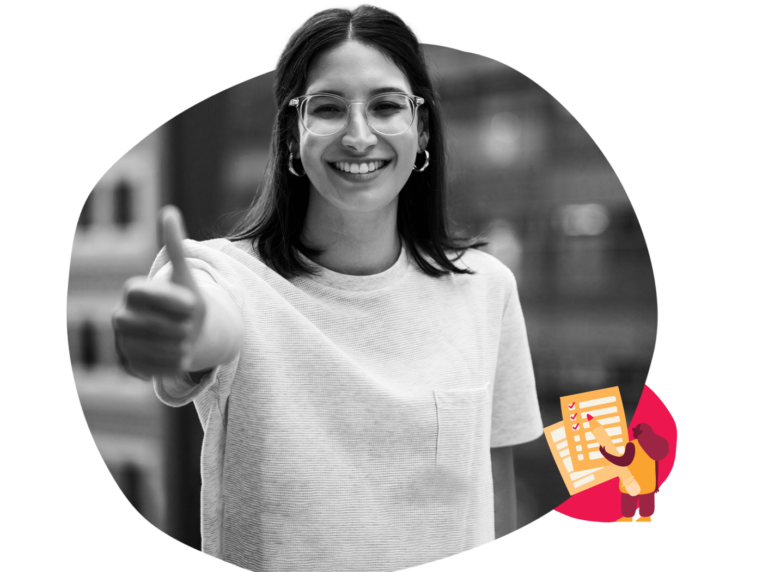smiling woman giving thumbs up in urban setting, wearing glasses; icons of checklist and document enhance positivity, urban positivity thumbs up woman checklist icons