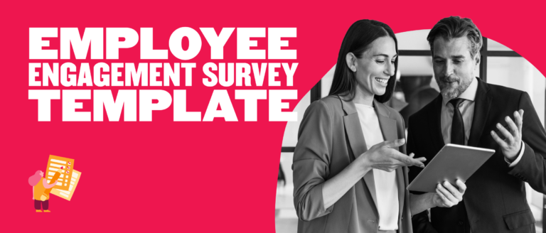 employee engagement survey template, professionals discussing on tablet against red background