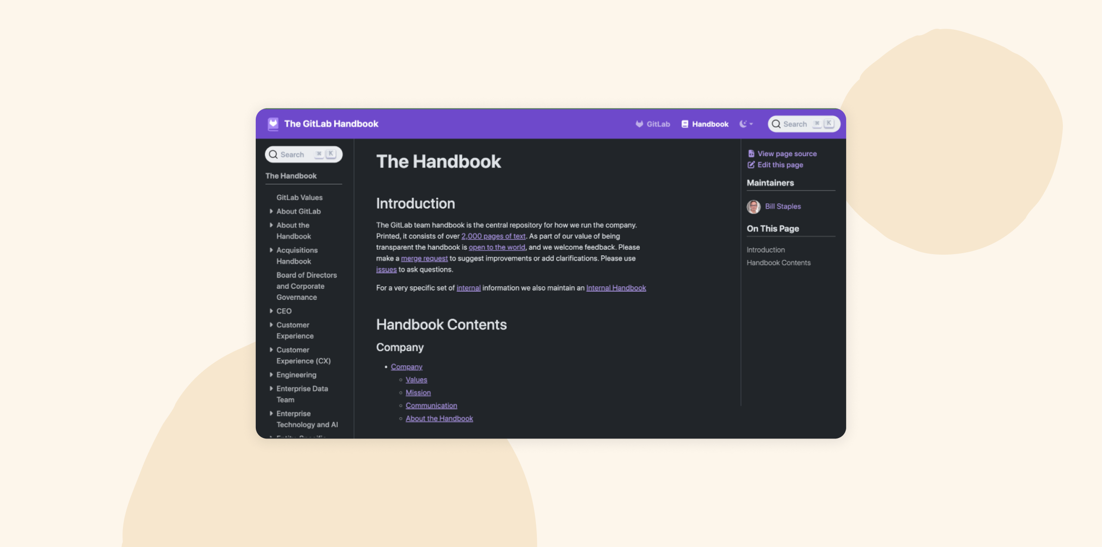 GitLab employee handbook webpage showing introduction and table of contents in a dark-themed interface