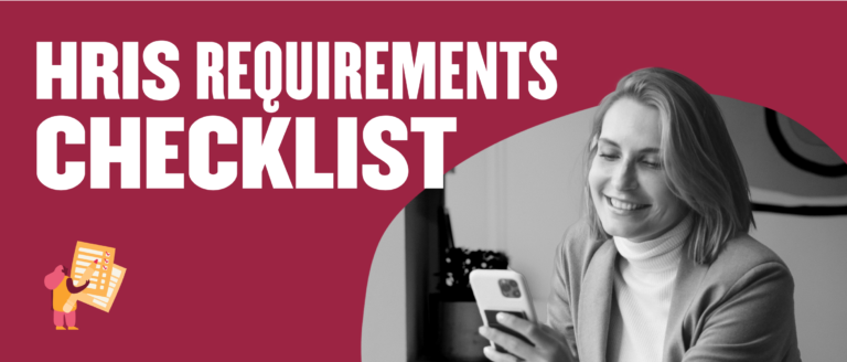 HRIS requirements checklist with a smiling woman using her phone in a stylish interior., HRIS checklist, woman using smartphone