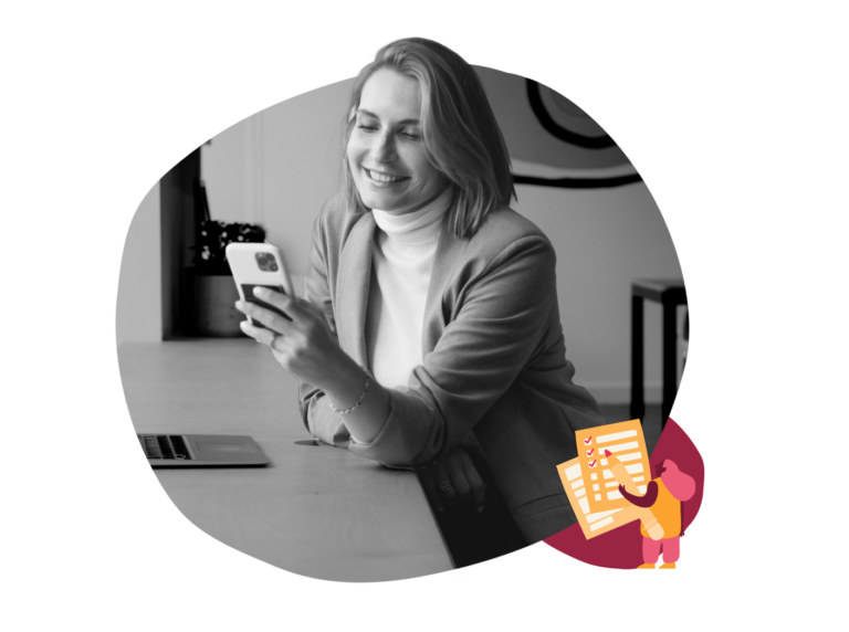 woman smiling at phone, modern office setting with laptop and illustrations of checklist items