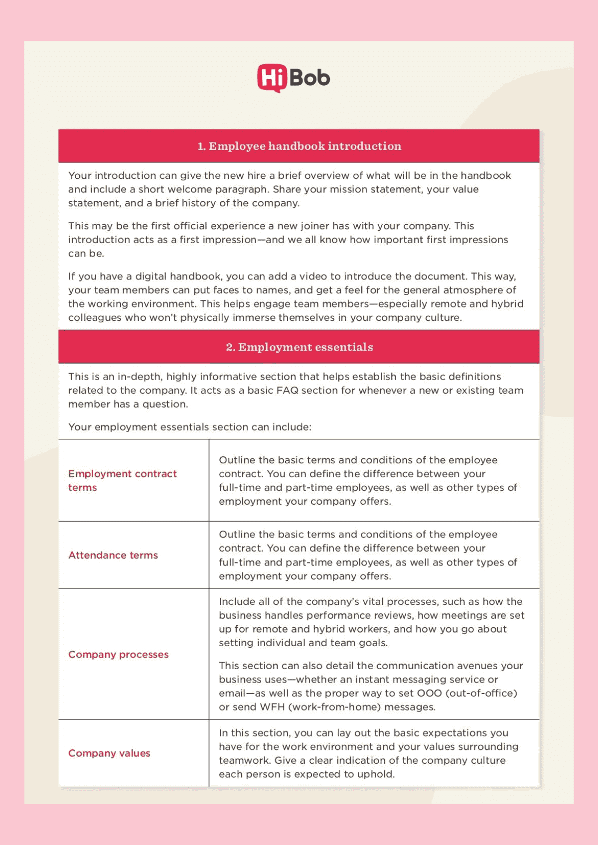 A screenshot of HiBob's employee handbook template