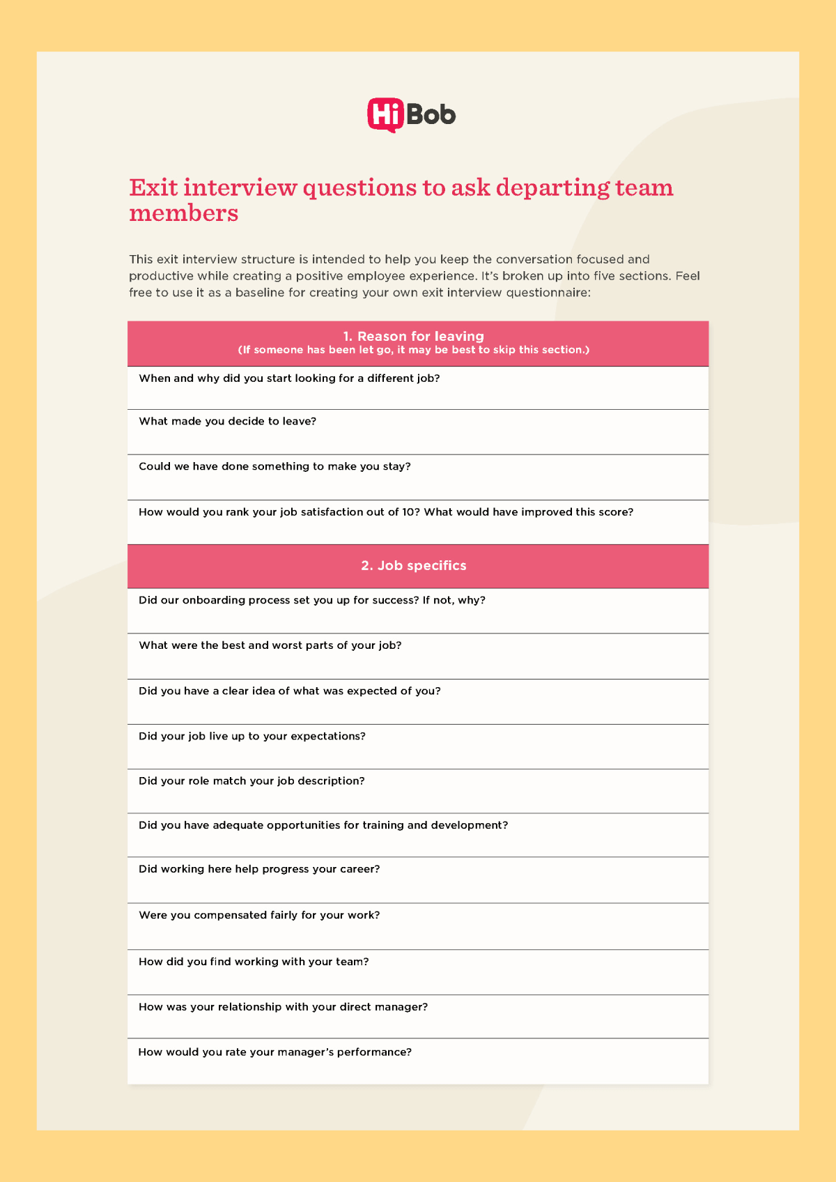 A screenshot of HiBob's exit interview template
