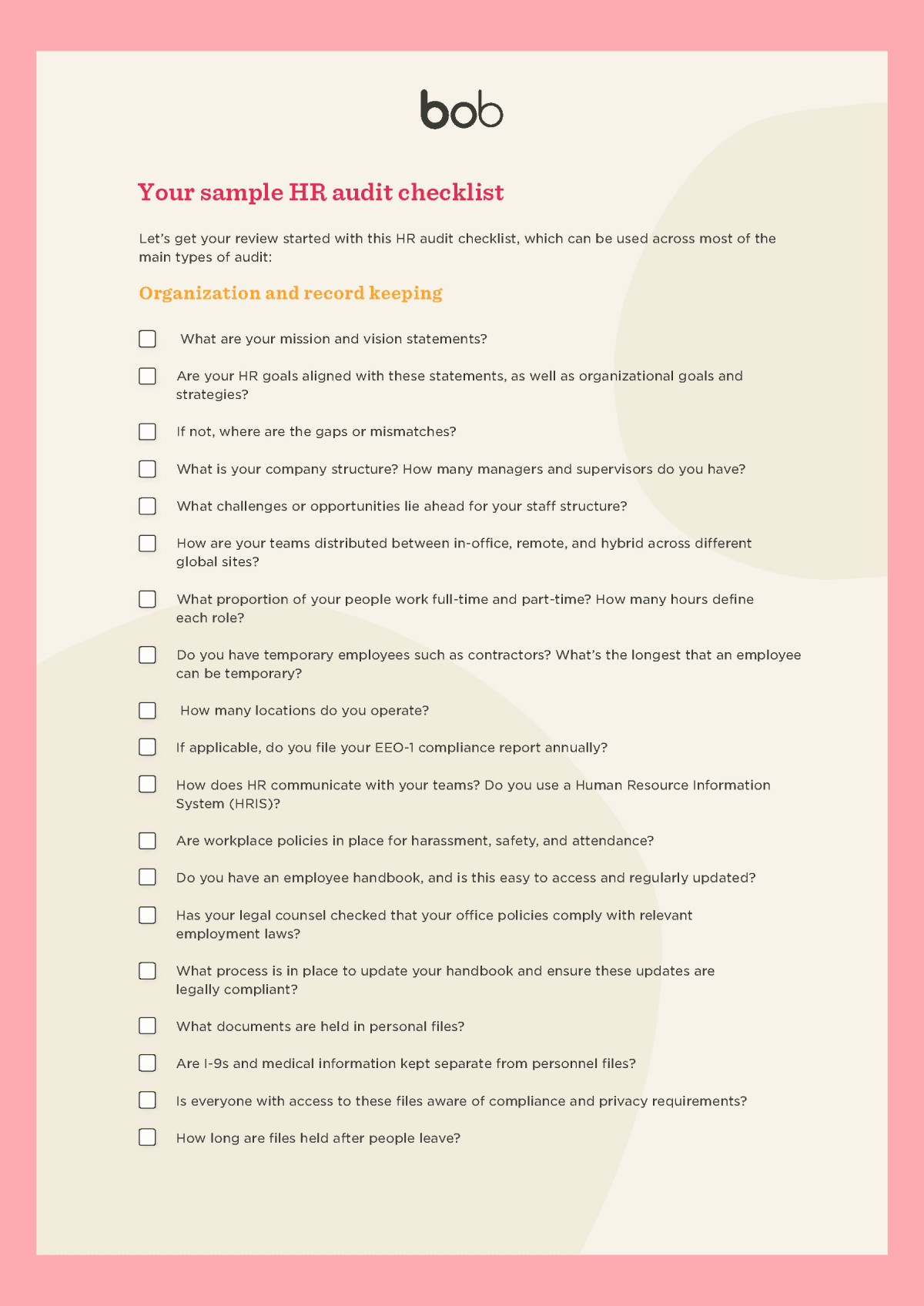 A screenshot of HiBob's HR audit checklist