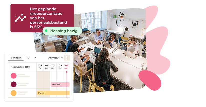 werkruimte met medewerkers die samenwerken aan laptops, planningsoverzicht op schermen, focus op groei en organisatie, teamwork, planning