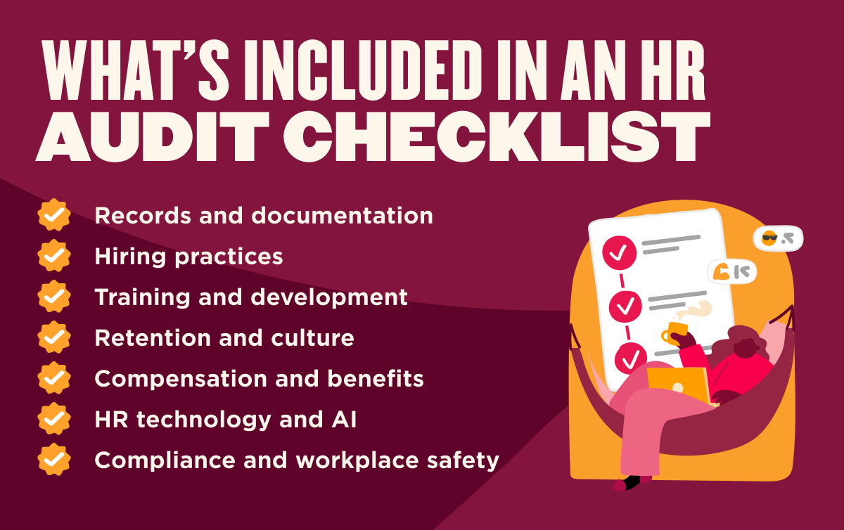 HR audit checklist infographic with checklist items and illustration of a person reviewing it.