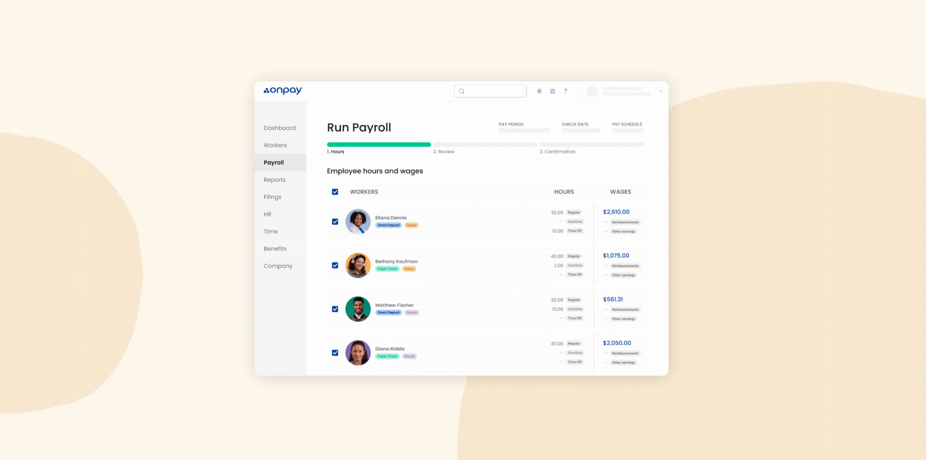 payroll dashboard showing employee hours and wages with options for direct deposit and paper check, OnPay payroll system interface