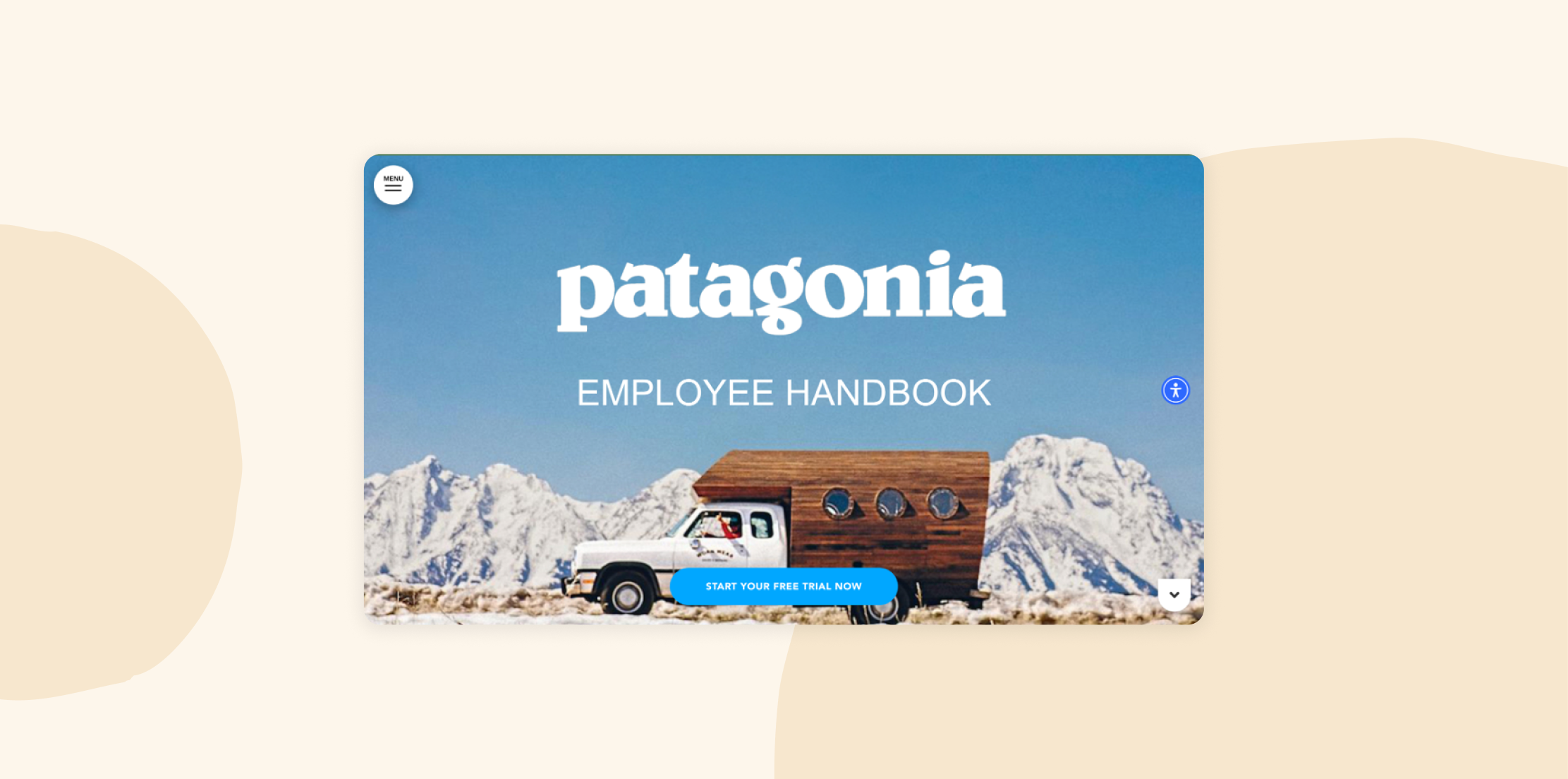 Patagonia employee handbook webpage featuring mountain landscape and branded header