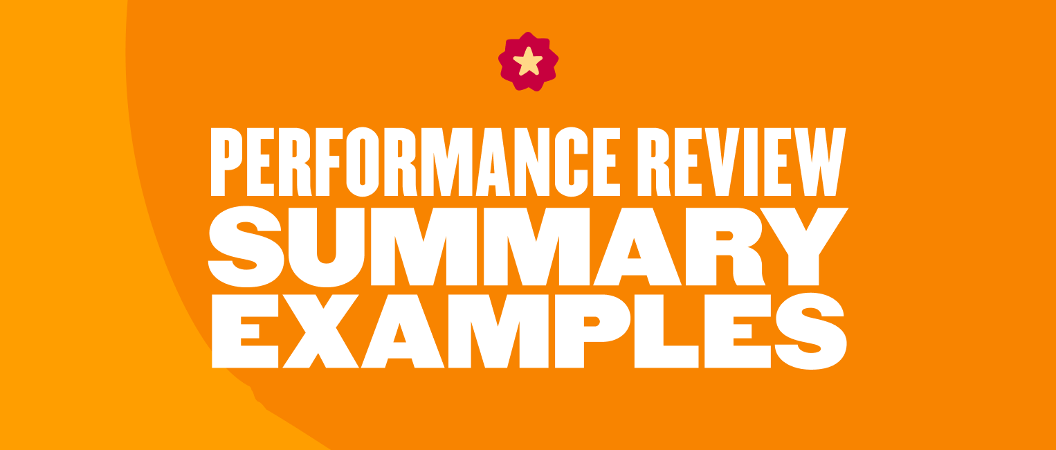 performance review summary examples on bright orange background with bold white text and a star icon, colorful performance review graphic